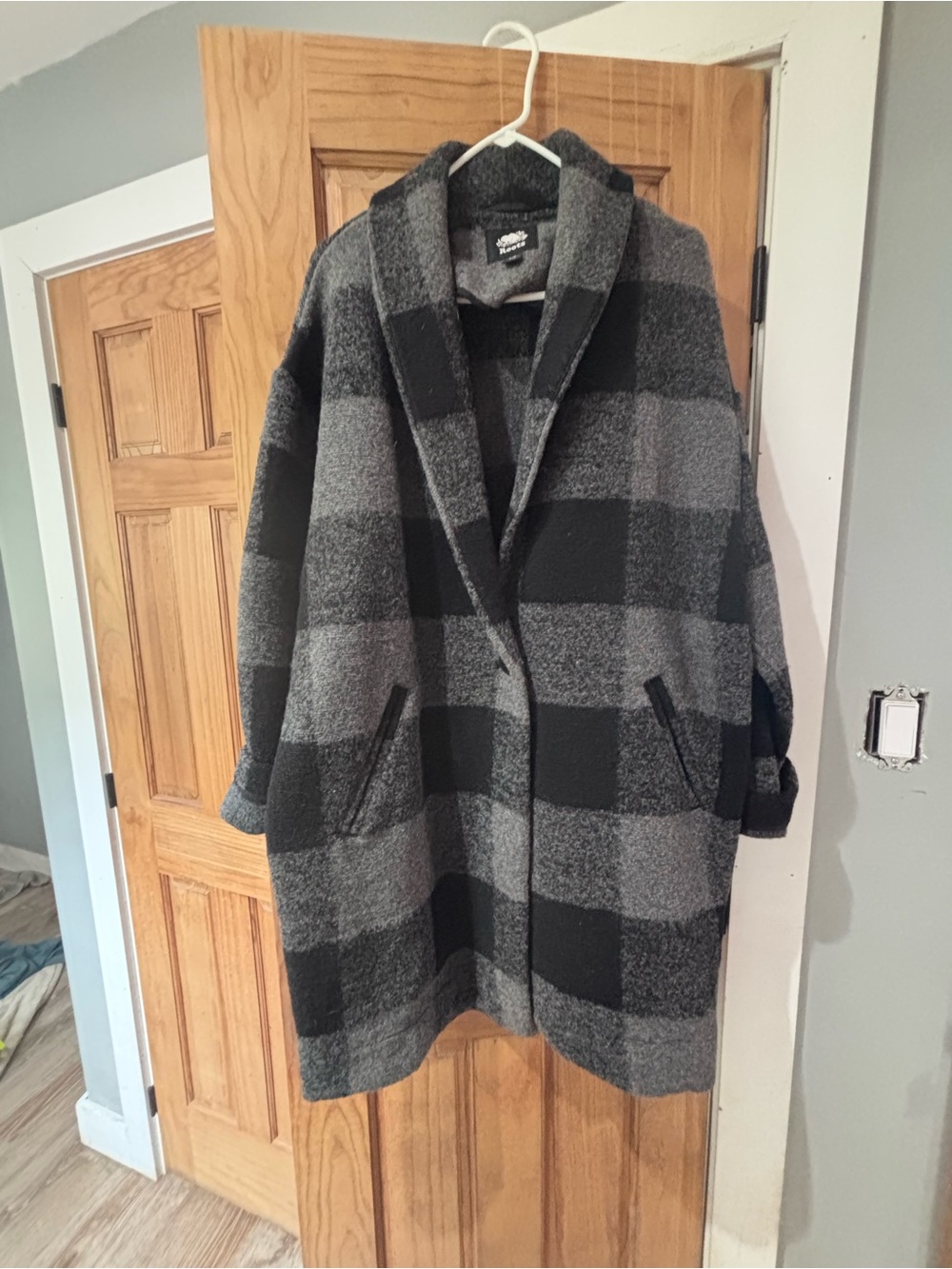 Roots Black & Gray Plaid Shawl-Collar Pea Coat